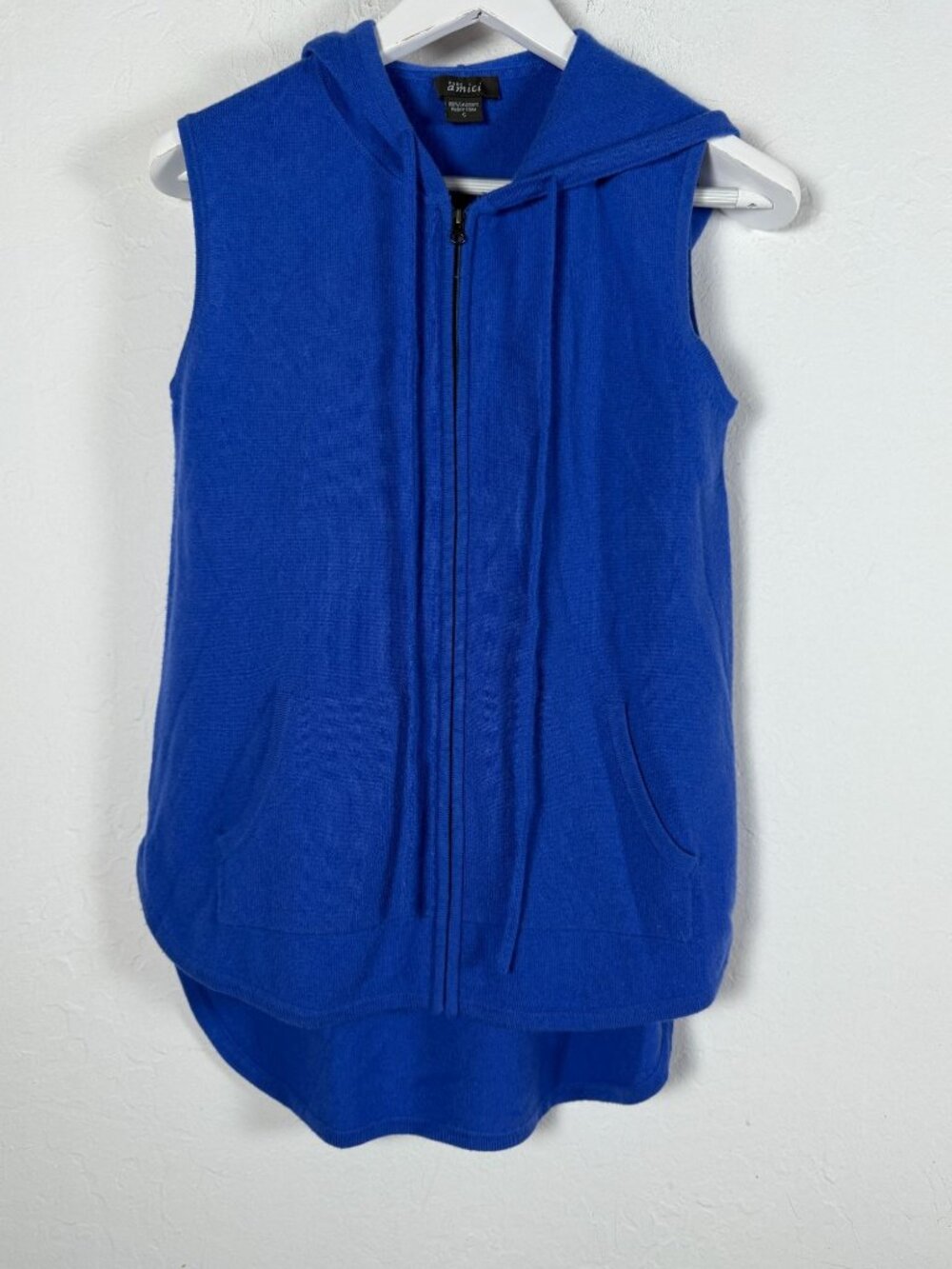 Pure Amici Womens Blue Cashmere Hooded Sleeveless Sweater Vest Full Zip Small